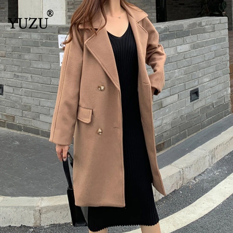 

Wool Coat Women Yellow Cashmere Double Breasted Long Coats For Winter Warm Turn-down Collar Casual Peacoat