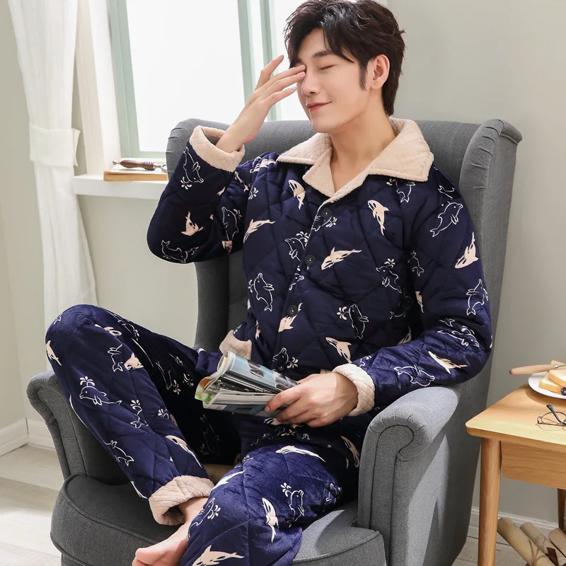 

Coral Velvet Quilted Pajamas Men's Winter Thick plus Velvet Warm Cotton-padded Jacket Three Layer Tracksuit Dissection Set 2589