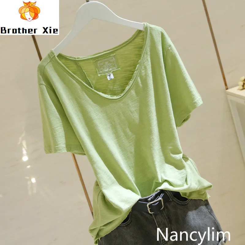 

Tshirt Women V Neck Short Sleeve All Match Solid Color T-shirt Tee Shirts Lady Student Summer Bamboo Cotton Loose Thin Pull Top
