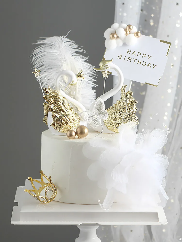 Украшение для выпечки, украшение для торта, романтическое украшение для торта из золота и серебра, украшение для торта в виде лебедя, перо, пузырьковый шар, открытка на день рождения