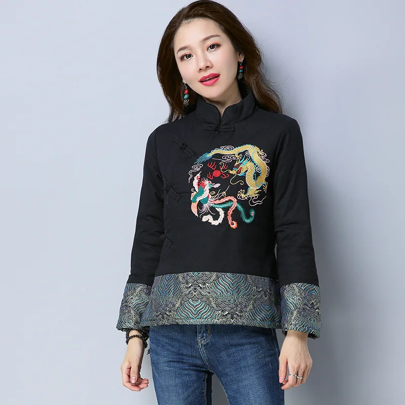 

2019 Winter New Style Ethnic-Style WOMEN'S Dress Frog Embroidered Joint Stand Collar Slim Fit Slimming Short Cotton Overcoat