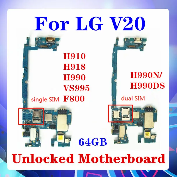 Материнская плата для LG V20 H910 H918 VS995 F800 H990 H990N/H990DS материнская с одной/двумя SIM картами 64 ГБ чипом Поддержка Android