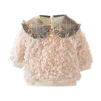 

Korean Lovely Baby Girl Kids Sweatershirt Cotton Warm Long-Sleeves Winter Fashion Trend Tops Stitching Bowknot Clothes