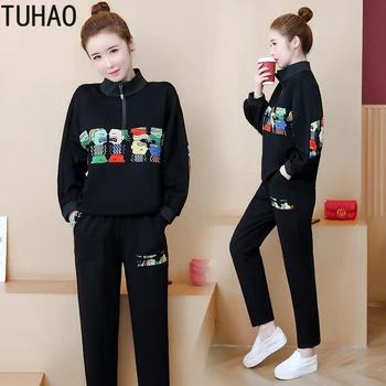 

TUHAO Female Outfits Suit Large Size 5XL 4XL 3XL Spring Sweet Casual Long Sleeve Active Office Sweatshirt Pant 2pcs Women's Set