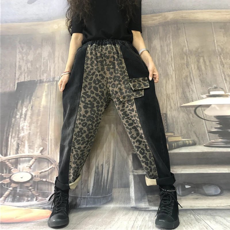 Autumn Winter New Fashion Women Elastic Waist Loose Vintage Jeans All-matched Casual Patchwork leopard Denim Harem Pants S488 | Женская