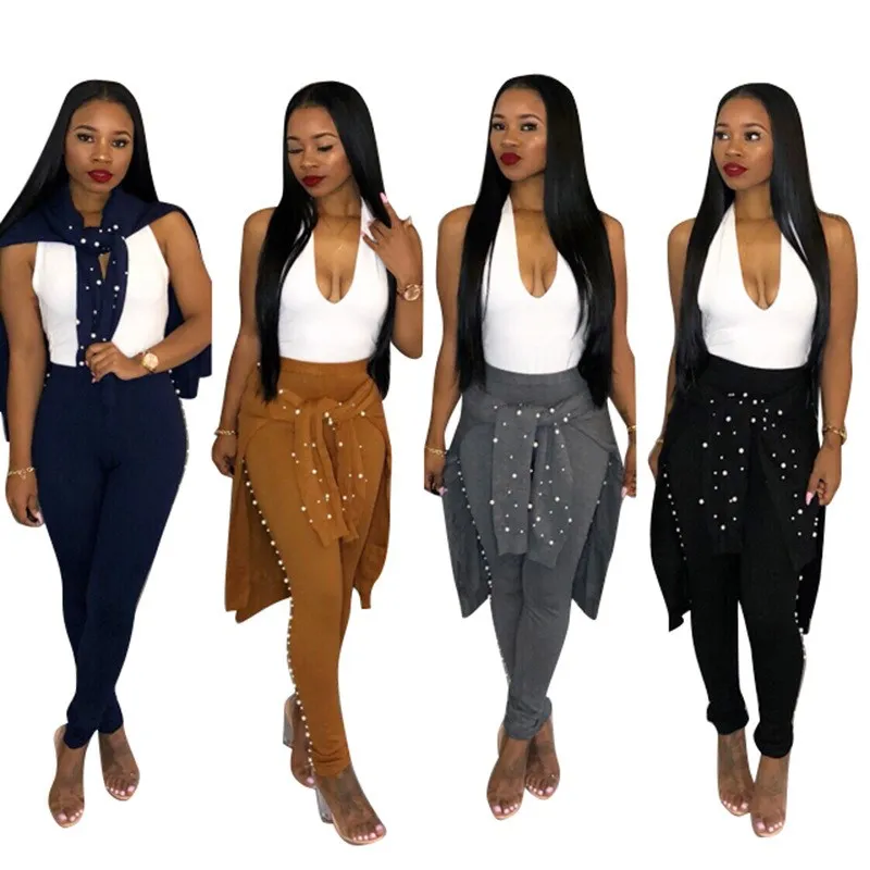 

Women Pearls Beading Knit Pants Two Piece Set Loose Thin Sweater Pullover+ Pencil Pants Sets Casual Women Knitted Tracksuit