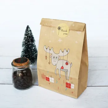 

24pcs Christmas Paper Bags for Gift Fox Elk Snowflake Xmas Gifts Bags With Cute Stickers Packaging Kraft Gift Bags