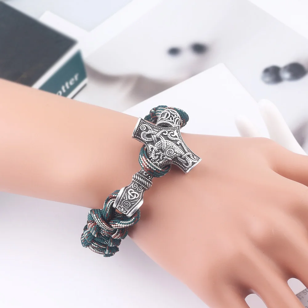 Viking Valknut Hammer Bracelet For Men - Norse Rune Knot Braided Leather Bracelet - Odin Hammer Celtic Jewelry