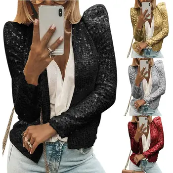 

Women Fashion OL Slim Jacket Casual Long Sleeve Feminino Sequins Solid Color Lapel Suit Cardigan Coat Jacket