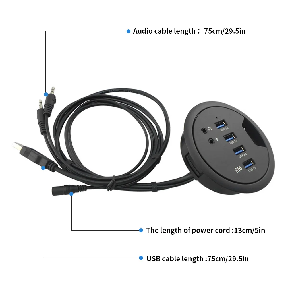 Table Grommet USB Hub Office Desktop Cable Hole Mounted USB Extender Adapter with Headphone Microphone Port EU Plug