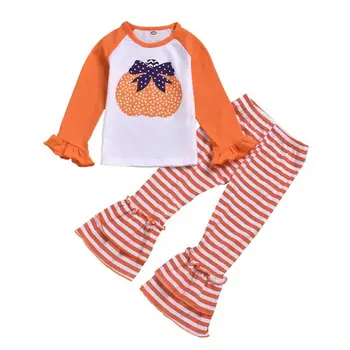 

Infant Baby Girls Halloween Sets Toddler Girl Pumpkin Print Long Sleeve Tops Striped Bell-bottoms Pants Autumn Fashion Outfits