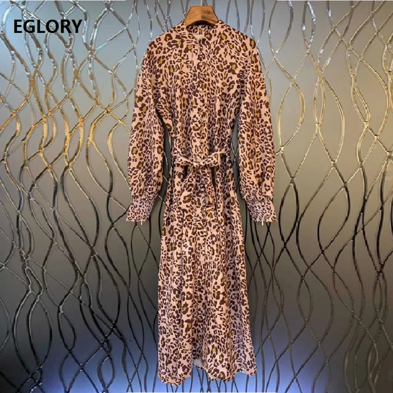 

2019 Autumn Fashion Designer Long Dress Women Sexy Wild Leopard Print Tunic Buttons Up Long Sleeve Maxi Dress Casual Party Wear