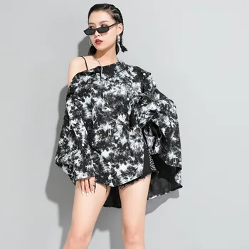 

2020 Women Spring Autumn New Style Personality Pullover Print Blouse Fashion Off Shoulder Long Sleeve Irregular Shirts Big Size