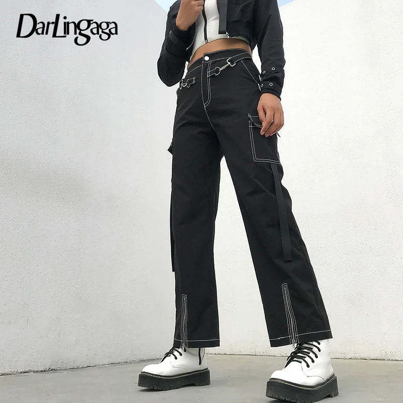 

Darlingaga Street Style Cargo Line Wide Leg Pants Patchwork Pockets Fashion High Waist Pants Baggy Trousers Steampunk Bottom New