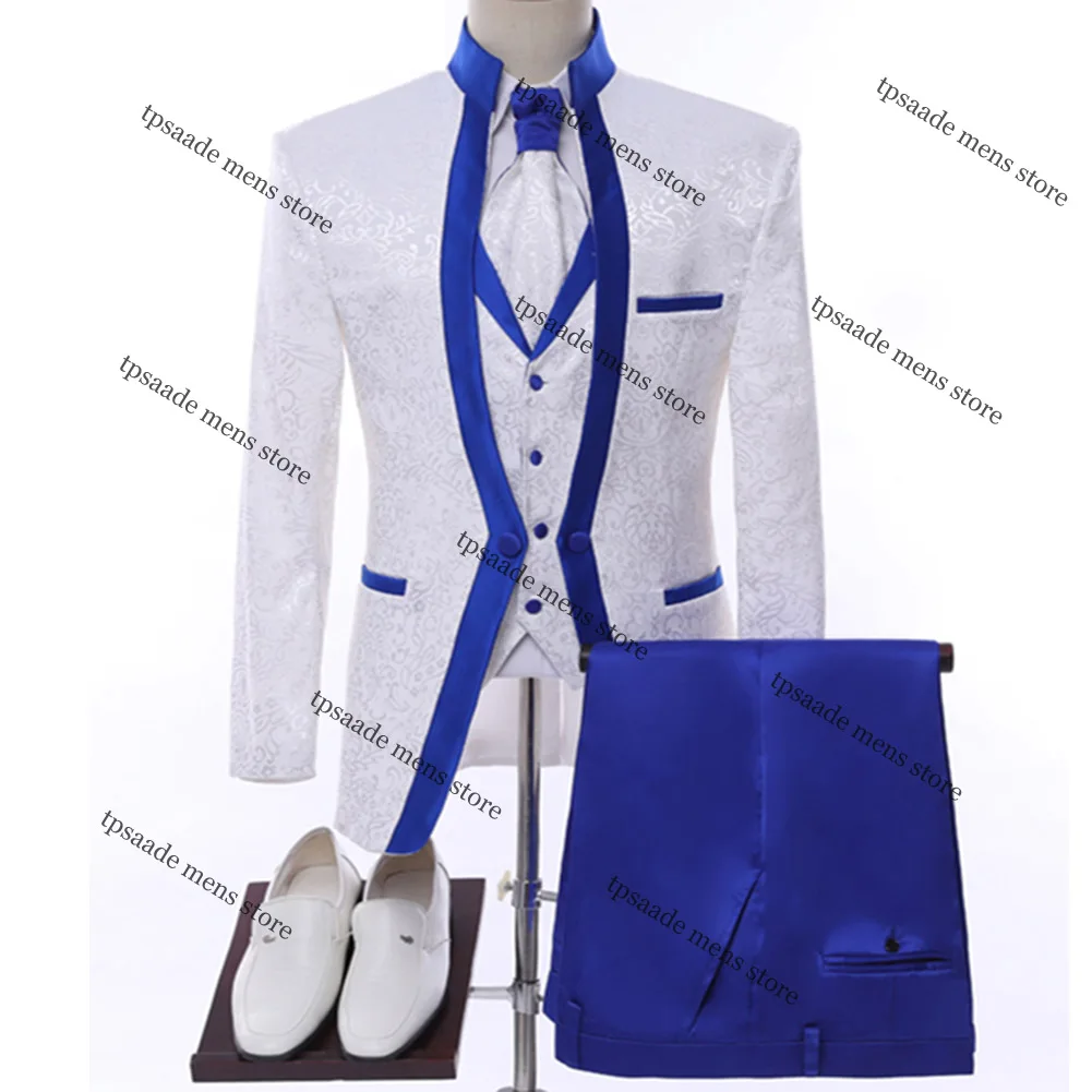 White Royal Blue Rim Stage Clothing For Men Suit Blazer Set Mens Wedding Suits Costume Groom Tuxedo Formal 3 Piece Male Outfits