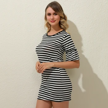 

Summer Striped Dress Female Fitted Thin Flare Sleeve Dress Short Sleeve Mid-Long 2020 New Fashion Lady Dresses Ropa Mujer