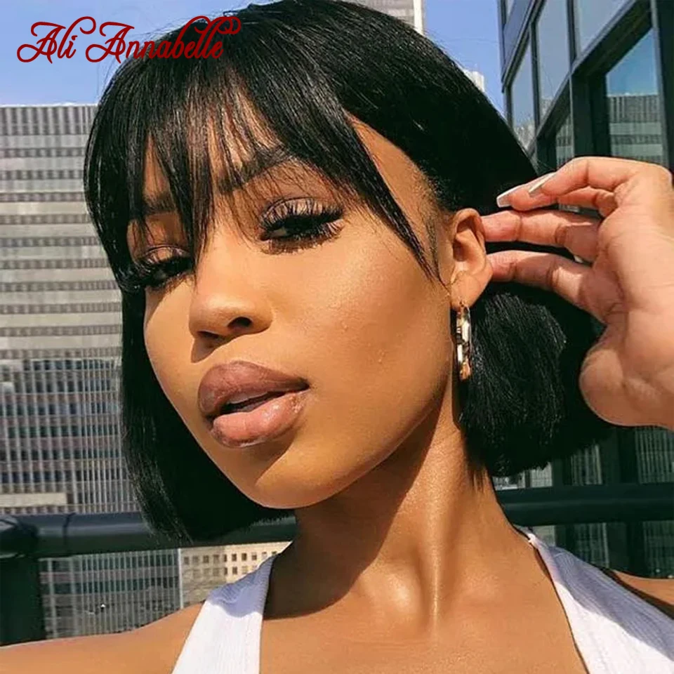 Bob Wig Bangs Human-Hair-Wigs Ali Annabelle 180-Density Straight Lace Short with 4X4