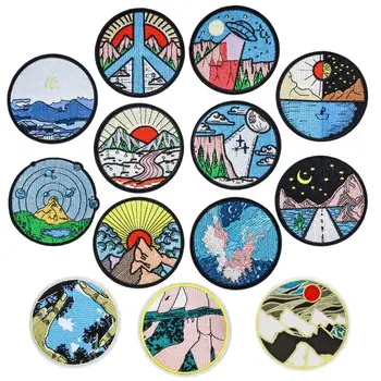 

Mountain Embroidery Patches for Jacket Iron on Transfer Stripes Appliques Clothes Stickers Round Clothing Badges for Backpack
