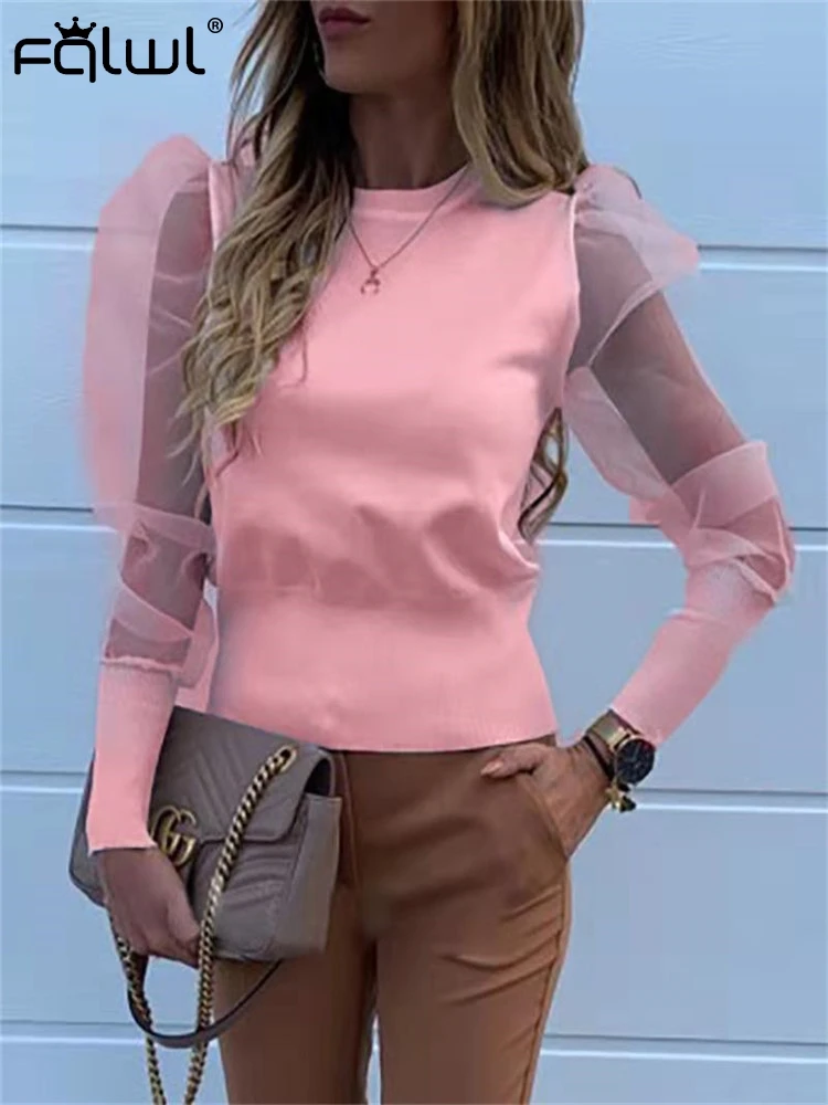 FQLWL с пышными рукавами, вязанная сетчатая блузка, Женские топы с длинным рукавом, белый, розовый цвет, сексуальная облегающая блуза женская рубашка, зимняя женская блузка