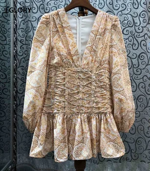 

High Quality New 2019 Autumn Sexy Party Club Dresses Women V-Neck Vintage Print Cross String Long Sleeve Dress Above Knee