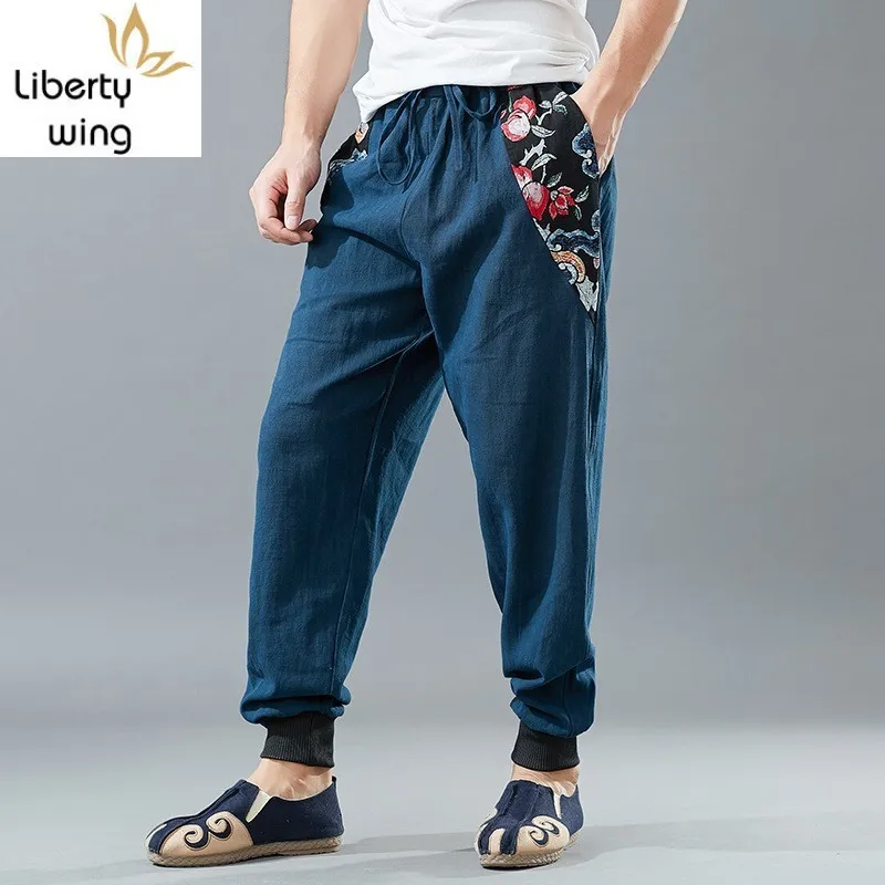 

Spring Thin 100% Linen Men Casual Pants 2020 New Printing Drawstring Full Length Solid Loose Joggers Trousers Male Streetwear