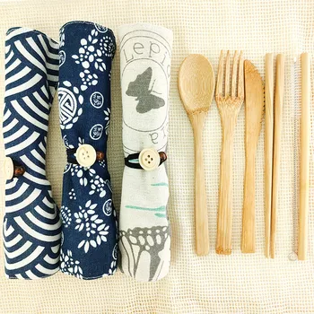 

2020 Hot 6pcs High quality Bamboo Cutlery Set Eco Friendly Portable Spoon Fork Chopsticks Utensils Wooden Flatware Set