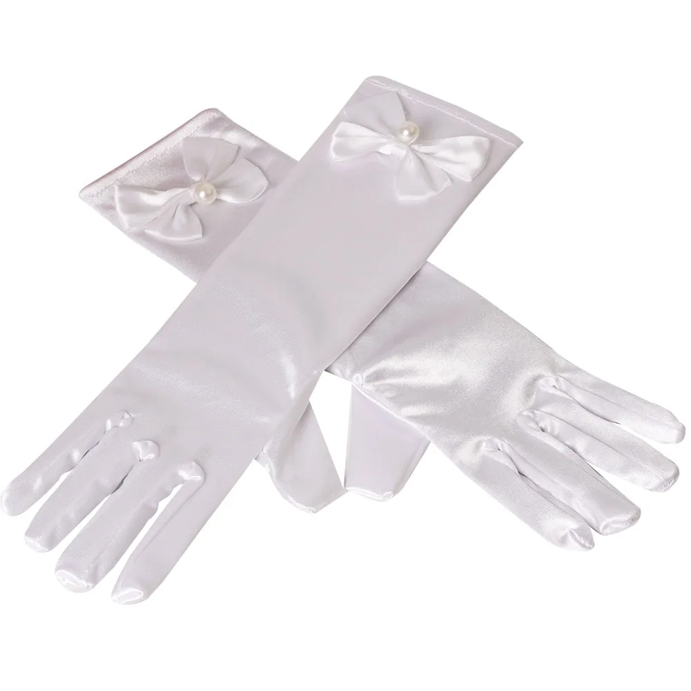 11 цветов, Вечерние перчатки для девочек, длинные перчатки принцессы, атласные перчатки с жемчужным бантом, подарок на день рождения, перчатки, варежки - Цвет: Белый