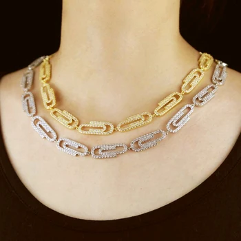 

2020 New Paper Clip Chain Iced Out Cubic Zircon Necklace Gold Silver Color Cuban Links Hip Hop Fashion Jewelry For Women