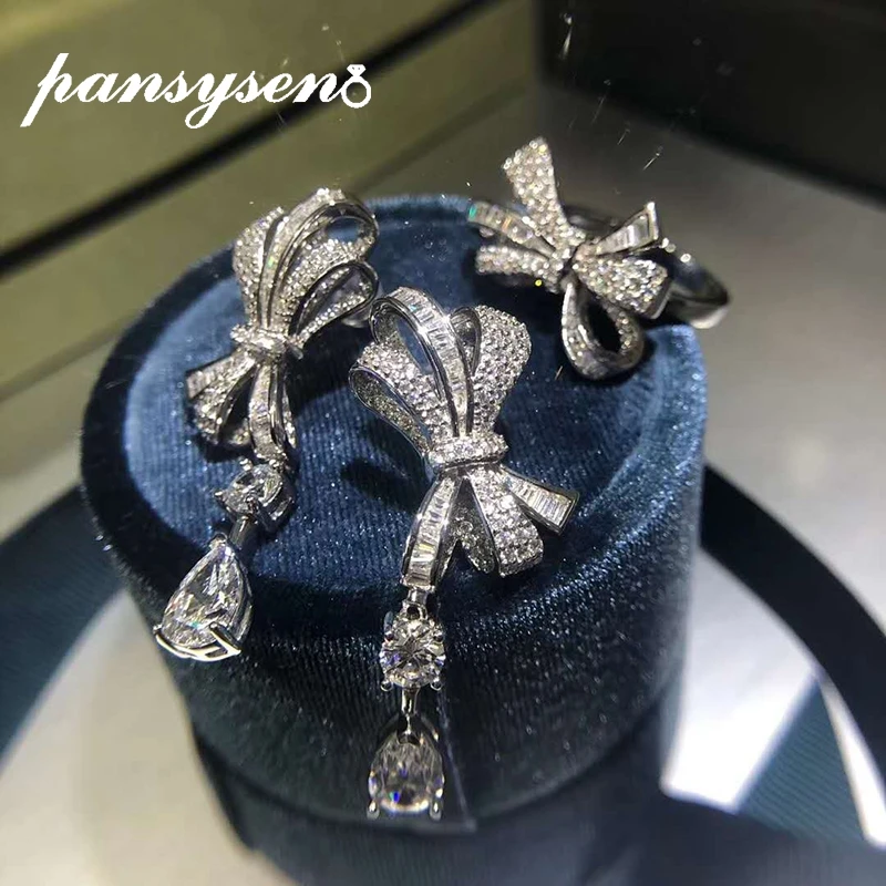 

PANSYSEN Fashion Luxury Bow-knot lab Moissanite Diamond Earring/Ring set 100% Solid 925 Sterling Silver Wedding Jewelry Sets