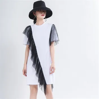 

Women Black White Temperament Irregular Mesh Dress New Round Neck Short Sleeve Loose Fashion Tide Summer 2020 Patchwork Dresses