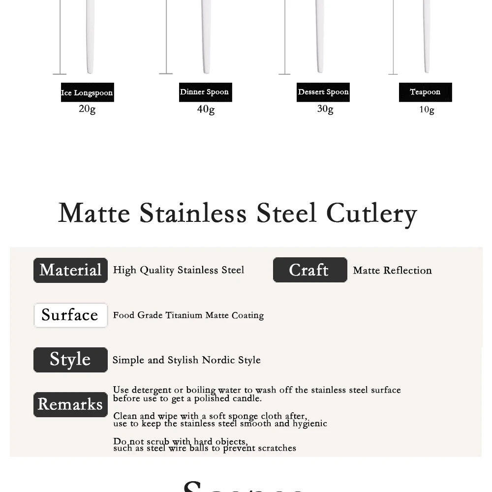 Description Picture 5 of itemMatte White Silver Cutlery Set Kitchen Dinnerware Set Restaurant Flatware Western Tableware Knife Fork Spoon Dessert Silverware