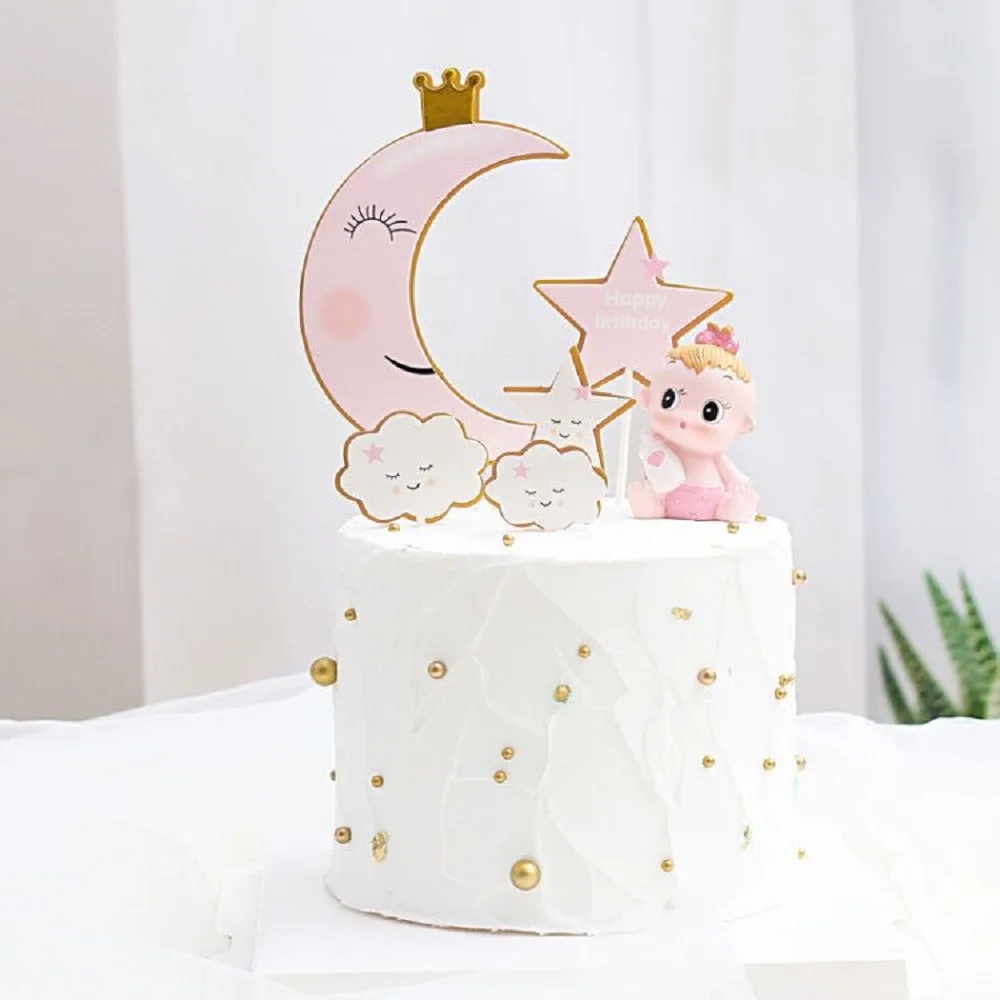 EVA Sponge Moon Clouds Stars Happy Birthday Boy Girl Cake Toppers Baking Insert Pink Blue Baby Cupcake New Year Supplies Decora | Дом и сад