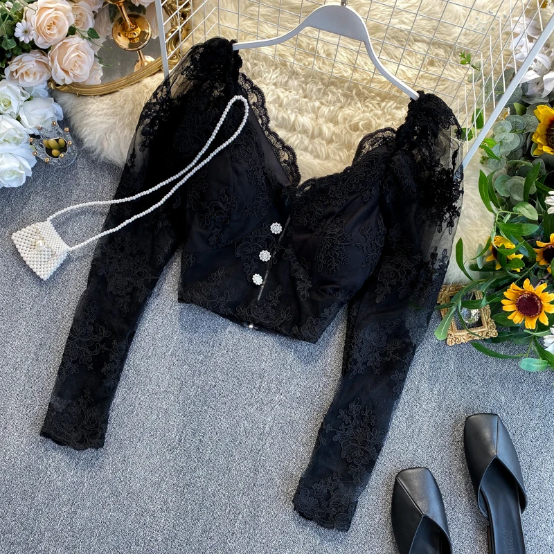 Neploe, винтажные кружевные женские короткие блузки с вышивкой, пышные Блузы с длинным рукавом и v-образным вырезом, топ,, Весенний укороченный топ, рубашки 56946