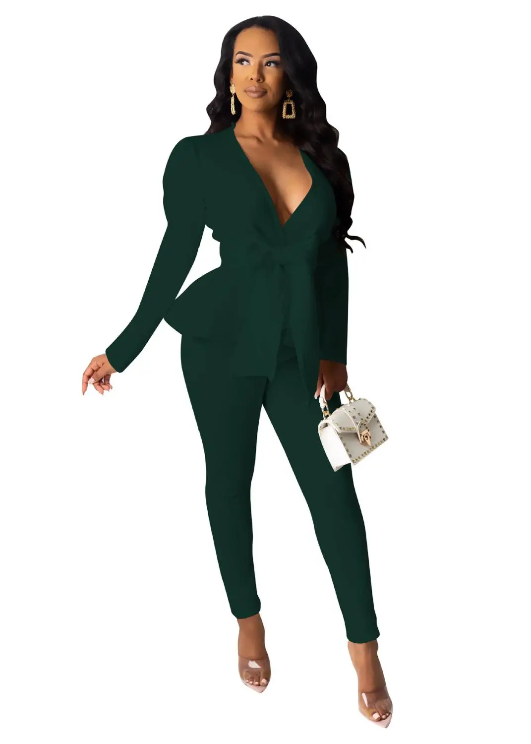 green 2 piece set Adogirl с бантом и рюшами, Модный повседневный комплект из двух предметов, деловой костюм для женщин, блейзер с v-образным вырезом и длинными рукавами, топ, узкие брюки, рабочая одежда - Цвет: green 2 piece set