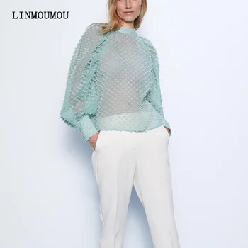 

Spring Autumn O Neck Office Women Shirt Long Sleeve Ruched Pleated Blouses Button Elegant Shirts See-though Female Clothers