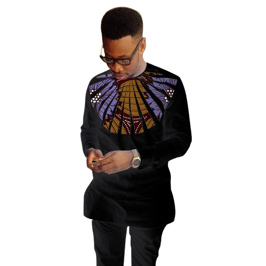 Великолепный дизайн мужская рубашка Дашики Анкара топы мода воск лоскутное черная футболка африканская одежда по индивидуальному заказу