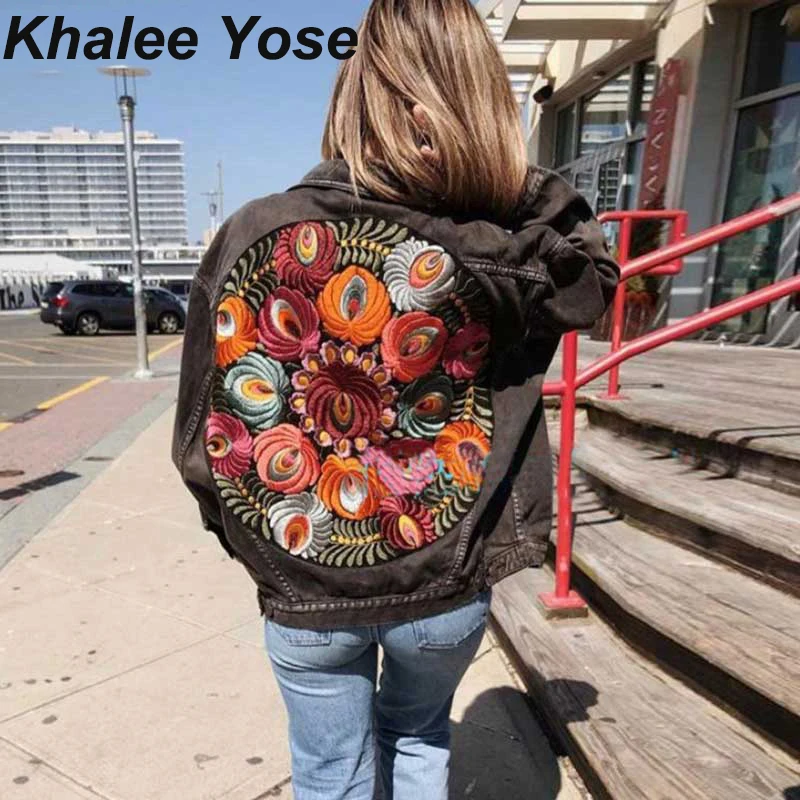 

KHALEE YOSE Floral Embroidery Denim Jacket autumn women Oversized loose casual jacket long sleeve boho chic coat winter coat