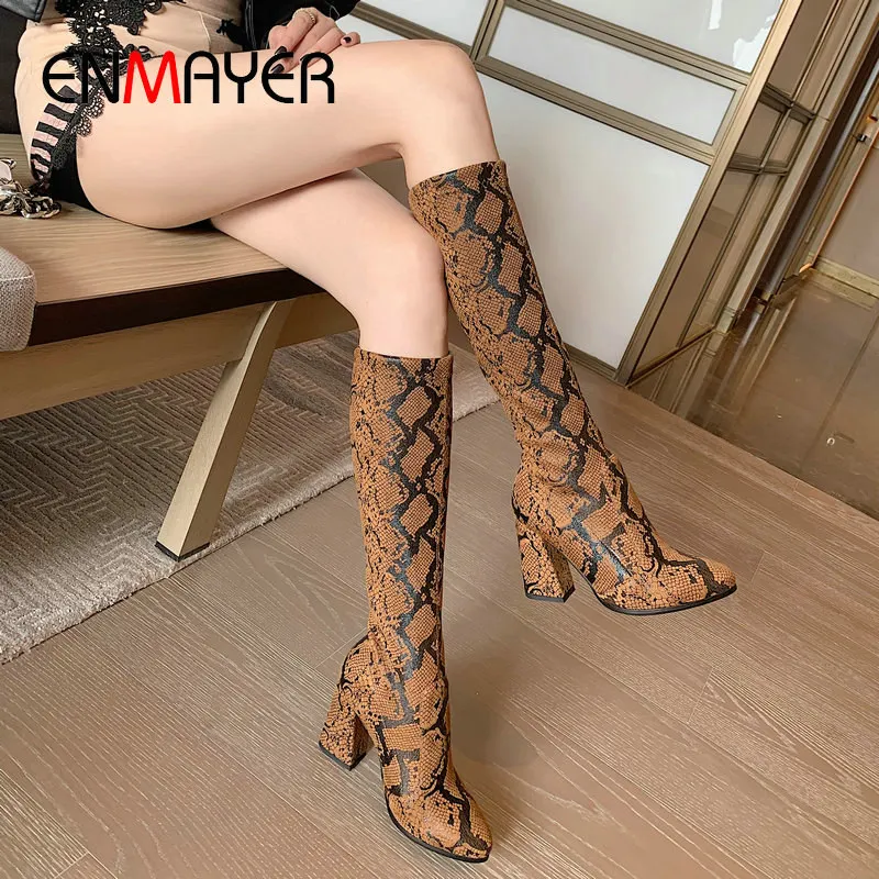 ENMAYER Slip-On Stretch Fabric Knee High Boots Women Shoes Csaual Hoof Heels Basic PU Winter Boots Women Size 34-43