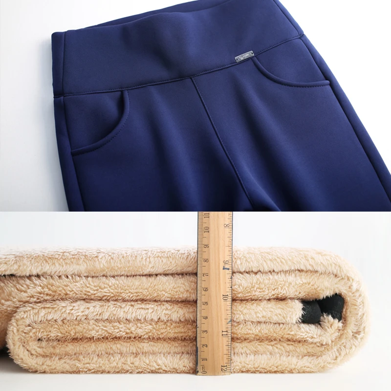 OUMENGKA Plus Size Winter Thick Warm Cashmere High Waist Black Pants Women High Elastic Skinny Pants Stretchy Women Trousers 6XL