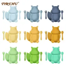 Juego de alimentación de silicona para bebé, vajilla dividida en ardilla, tazón con ventosa, cuchara, tenedor, utensilio de entrenamiento de comida