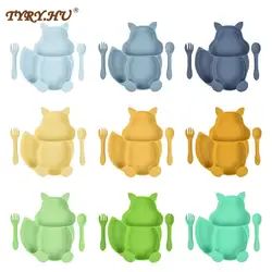 1set Silicone Baby Feeding Set Squirrel Divided Dinner Tableware Sucker Bowl Spoon Fork Set Training Feeding Food Utensil Dishes