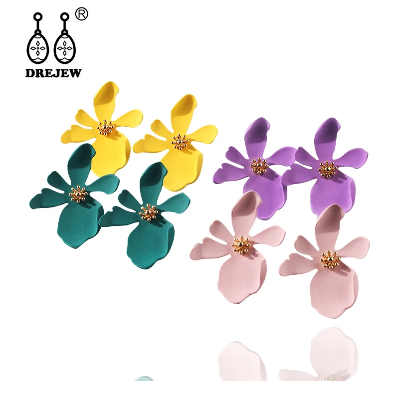 

DREJEW Flower Yellow Purple Red White Pink Green Statement Earrings Fashion Alloy Stud Earrings for Women Wedding Jewelry HE891
