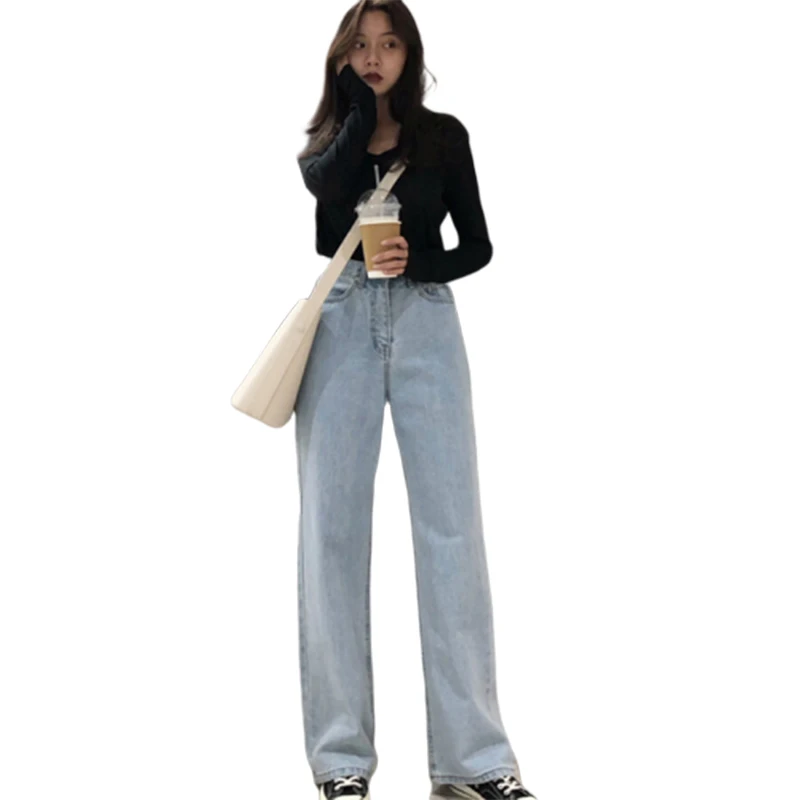 Джинсы женские свободные с высокой талией ретро широкие ноги женские s джинсы корейский стиль Универсальные Простые Длинные Модные