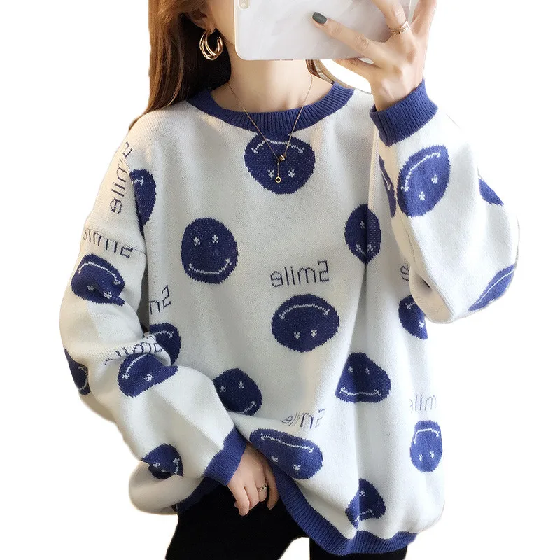 

Super Warm Sweaters Smile Graphic Pullovers Autumn Winter Soft Sweater Minimalist Knitswear Female Basic Pullovers C490