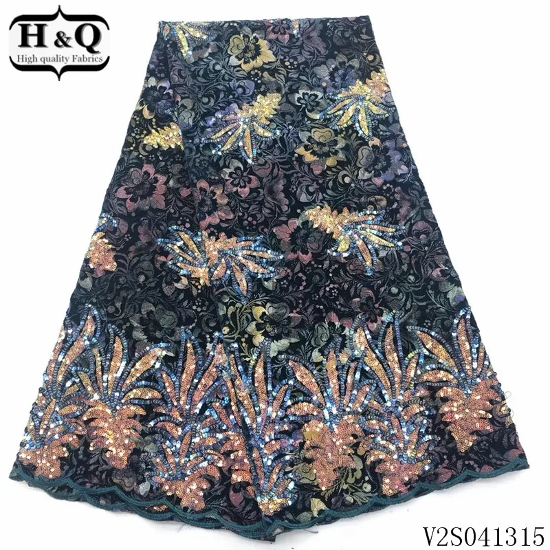 

H&Q newest style african mesh lace velvet fabric embroidery with sequins 5 yards/piece nigerian laces fabrics for garment sewing