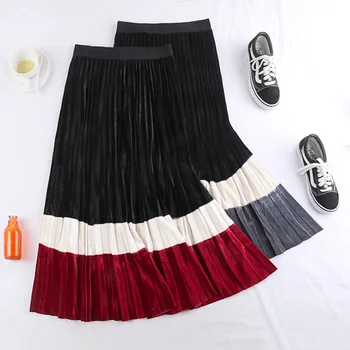 

350 Autumn New Retro High Waist thin gold velvet color contrast splicing medium length pleated skirt women's skirt