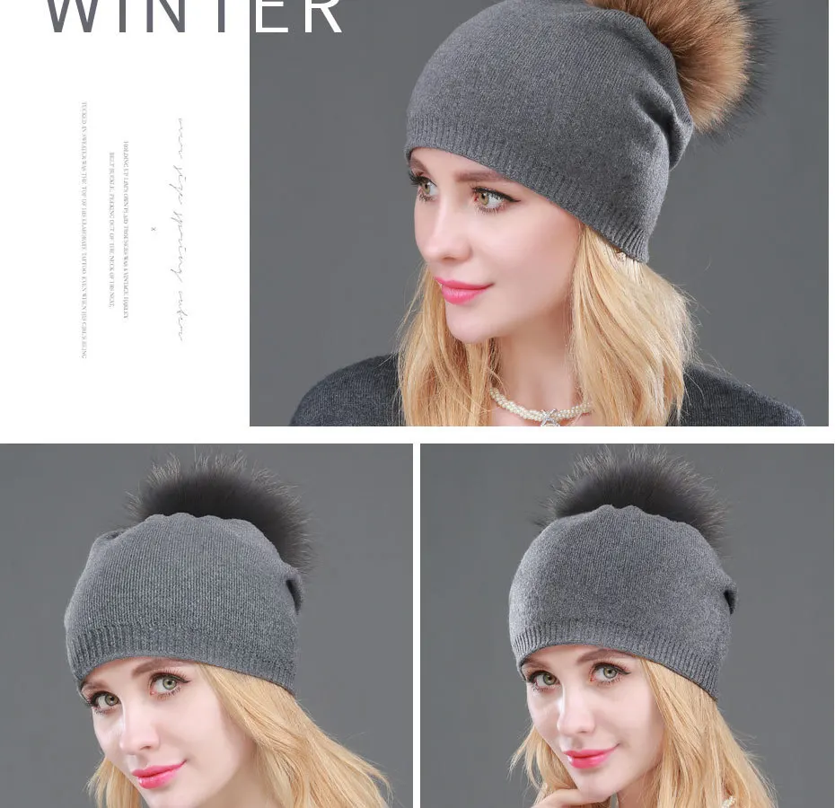 High Quality Women Dual layer Wool Knitted hats with big Real Fur Pompoms Warm Slouchy beanies hat ladies Fashion Skullies