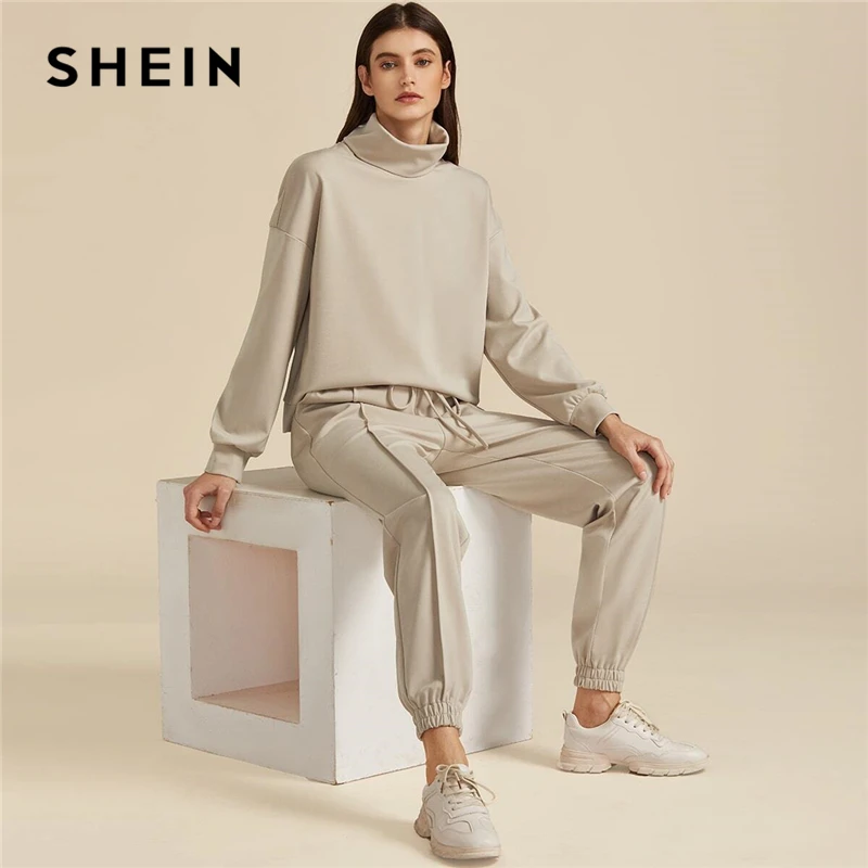 Tanie SHEIN Khaki jednolity wysoki dekolt bluza i ściągany sznurkiem w pasie Sweatpant komplet garniturów jesień odzież sportowa opuszczane ramiona strój codzienny