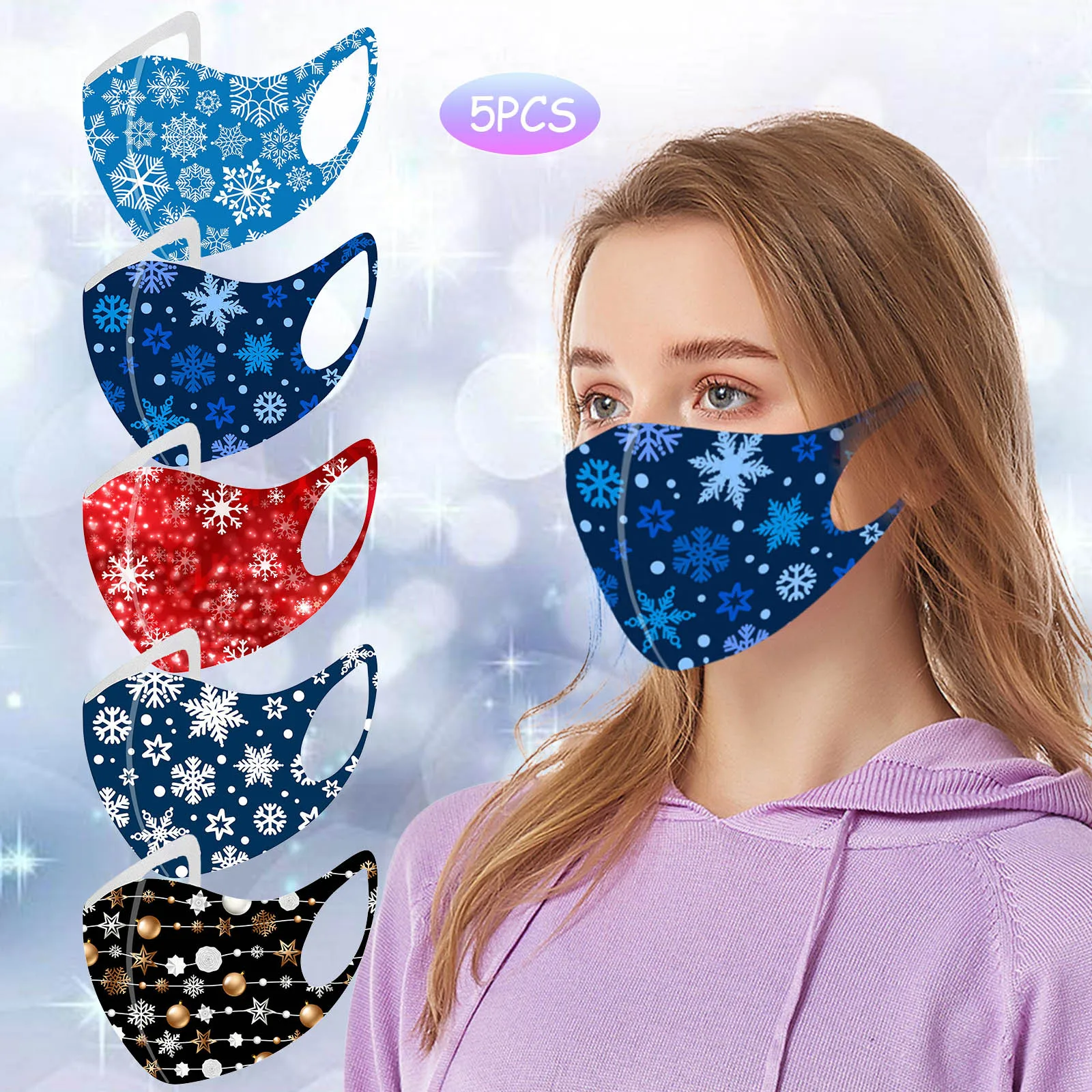 5PCS Adult Ice Silk Christmas Masks Protective Washable Breathable Soft