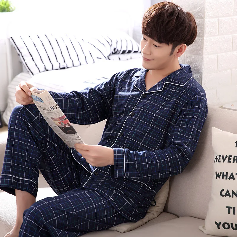 

New Products Autumn & Winter Pajamas Men's Pure Cotton Cardigan Fold-down Collar Simple Pattern Loose-Fit Plus-sized Men Househo